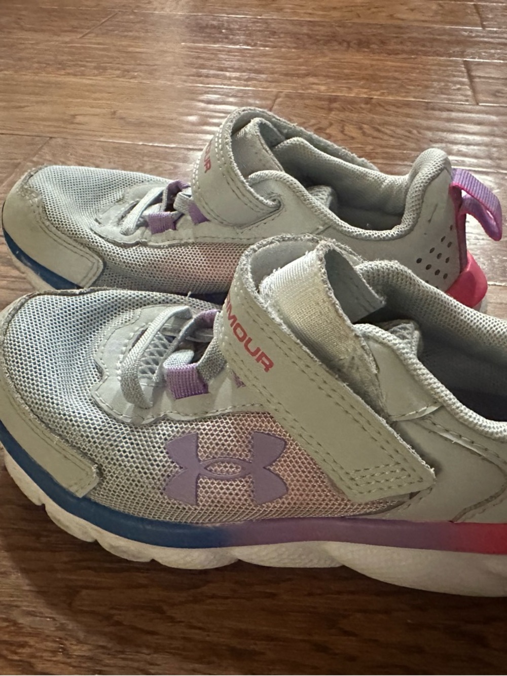 Under Armour Light Gray Kids Sneakers with Purple and Pink Accents